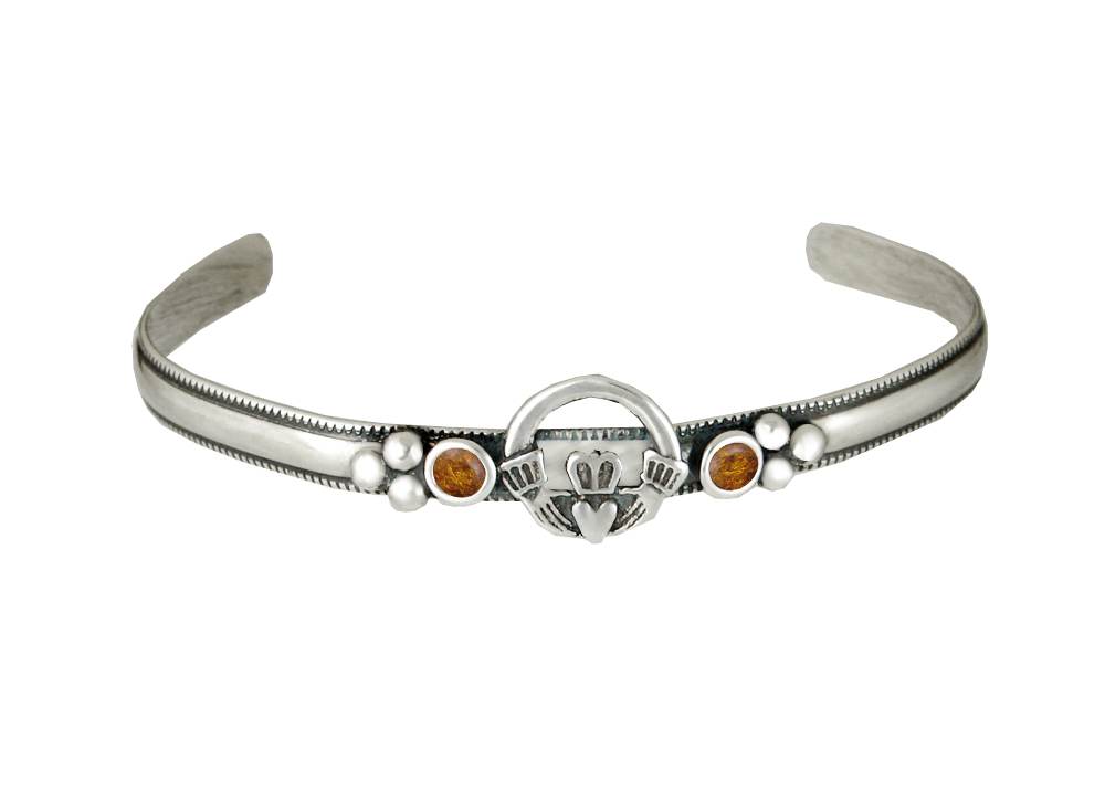 Sterling Silver Claddagh Cuff Bracelet With Amber